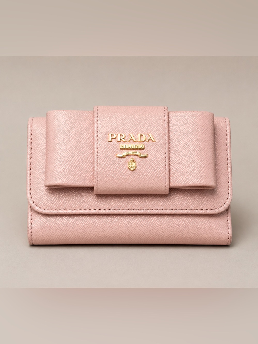 Prada Pink Saffiano Leather Fold Wallet key ring with Gold Logo